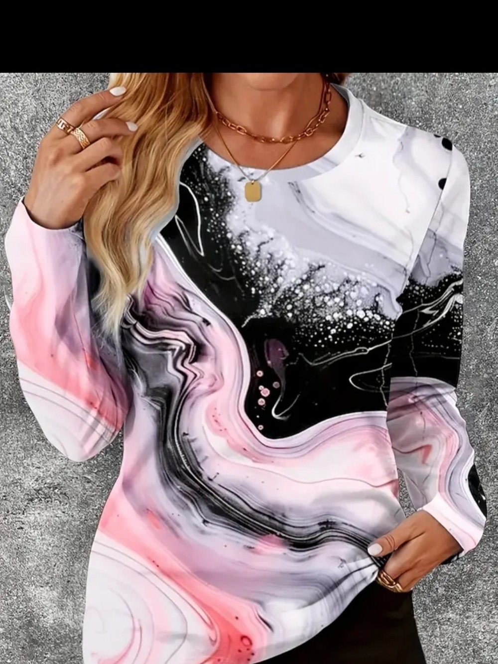 Women's Pink Marble Swirl Long Sleeve Top